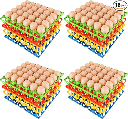 16 PCS Plastic Egg Tray 30 Cell Egg Flats Crates Stackable Egg Cartons Reusable Carton, Hold Multiple Eggs, Great for Storing, Sorting and Shipping Eggs, 4 Colors