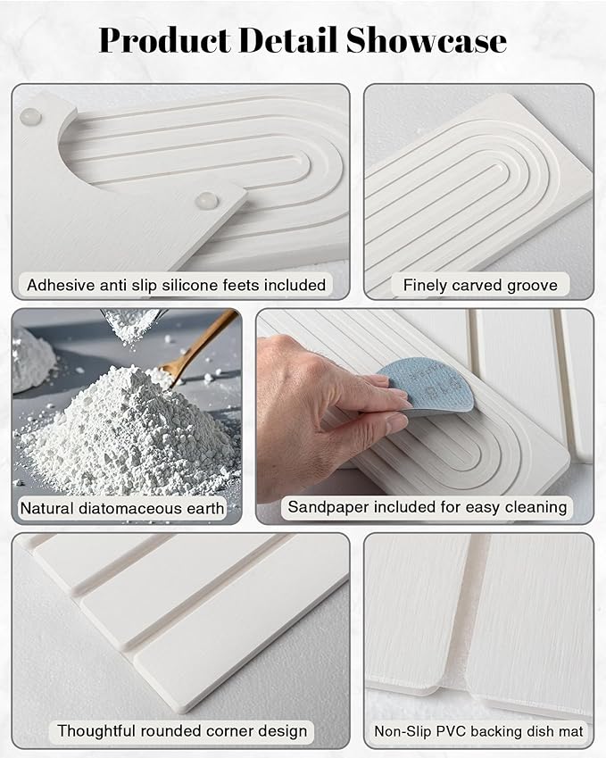 Set of 2 Large Stone Dish Drying Mat for Kitchen Counter + Faucet Mat for Kitchen Sink, Collapsible Fast Drying Diatomaceous Dish Mat, Stone Sink Splash Guard, Water Absorbing Stone Tray for Sink
