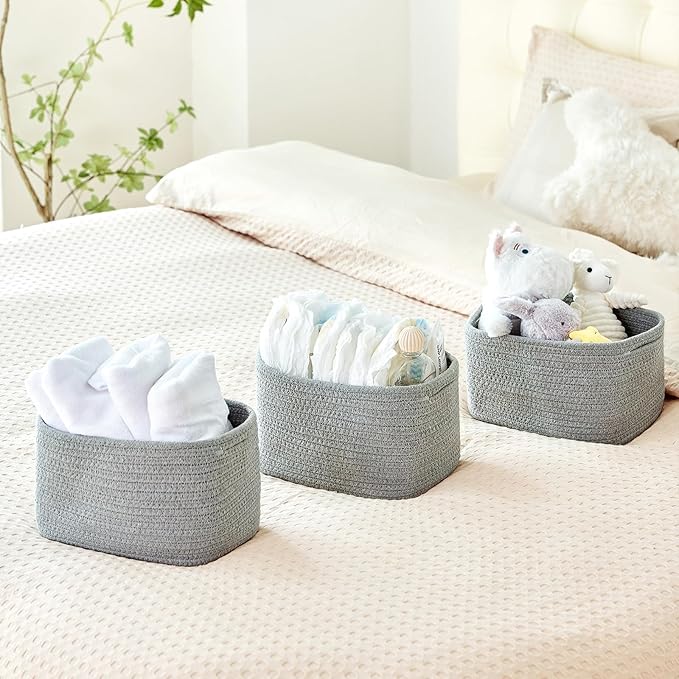 R RUNKA Small Cotton Rope Basket – Storage Bin for Organizing (10.6" x 6.7" x 6.7"), Bathroom Storage Basket for Shelf, Counter & Closet（Grey）