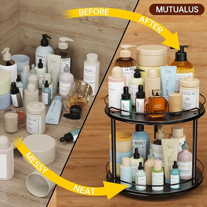 MUTUALUS Lazy Susan Organizer 2 Tier - 12.4" Turntable Spice Rack for Table Top, Wooden Rotating Lazy Susan for Cabinet Pantry Kitchen Countertop Dining Table Cupboard Bathroom Vanity Storage(Black)