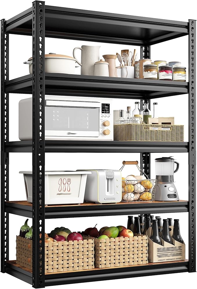 REIBII 5 Tier Storage Shelves, 2500LBS Adjustable Garage Shelving Unit, Metal Shelves for Pantry, Garage, Kitchen, Warehouse, Black, 65.74" H x 33.85" W x 15.35" D