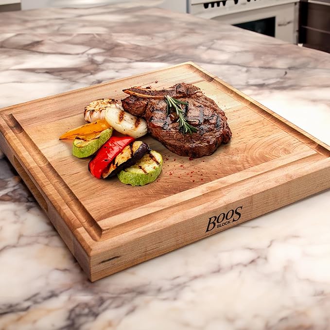 John Boos CB Series Square Wooden Maple Cutting Board 12”x12” – 1.75” Thick, 7-lb Reversible Butcher Block with Juice Groove, Edge-Grain & Finger Grips – Made in the USA