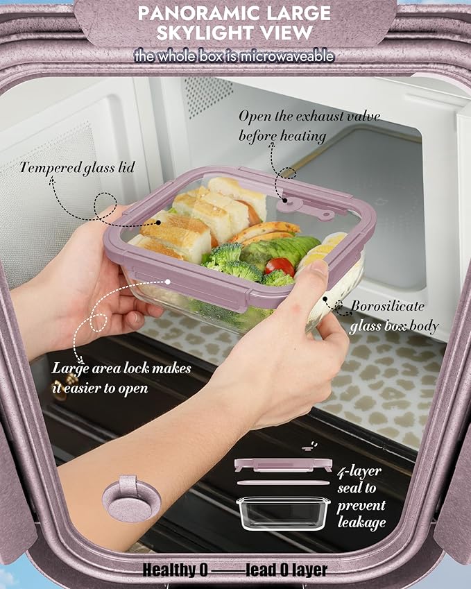 BOROHOUSE 12-Pack Glass Containers with Tempered Lids – Borosilicate, Oven-Safe(-4°F~950°F), Airtight, BPA-Free, Multi-Size for Meal Prep, Dishwasher Safe (Pink)