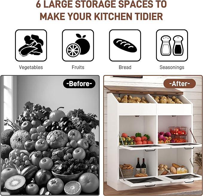 Large Wood Bread Box for Potato,Onion.Veggie Bin W/6 Large Storage Box.Root Vegetable Storage Box For Kitchen,Farmhouse Potato Storage Bin W/4 Mesh Doors,Bread Keeper for Toast,Bagel,Donut,Cookies