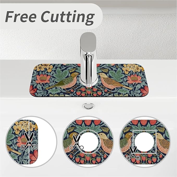 Kitchen Sink Splash Guard，Birds and strawberries Faucet Mat Sink Gadgets-Super Absorbent Fast Drying Mat Drip Catcher for Kitchen, Bathroom,Sink Mat, Dish Drying Mat, Bathroom(15" X 5.5" )