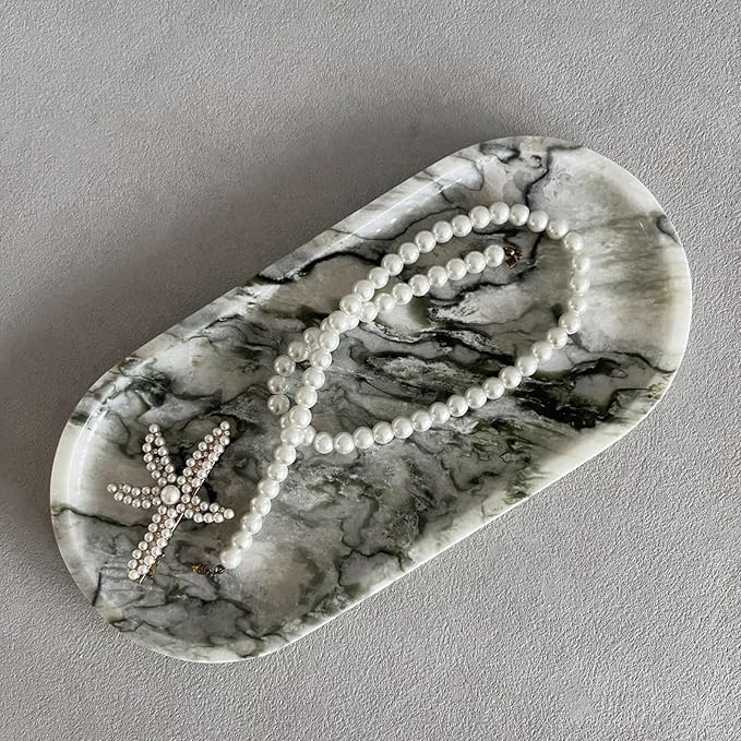 SAIDKOCC Natural Marble Oval Tray Ornaments Vintage Small Tray Storage Dish for Counter, Vanity, Dresser, Nightstand and Desk (Green Emerald)