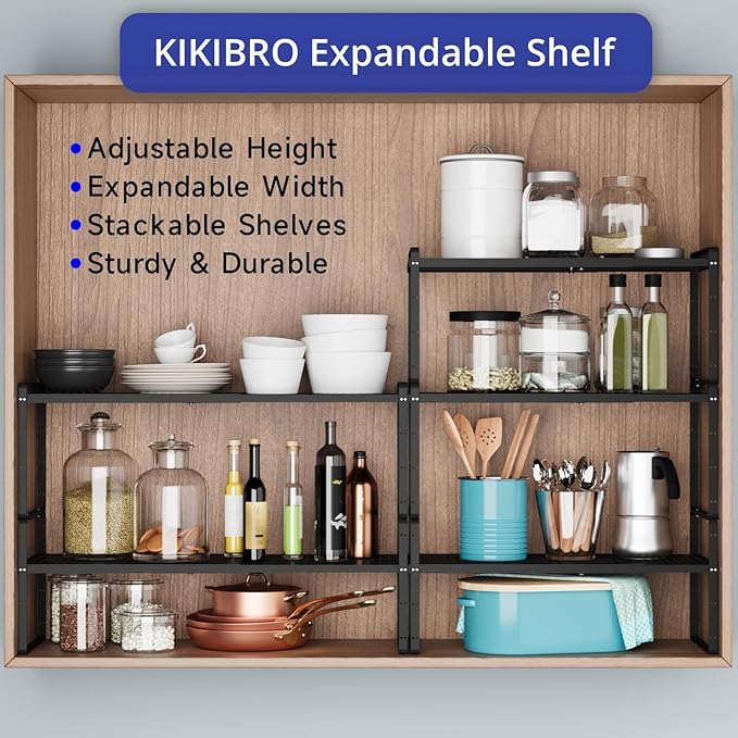 KIKIBRO Expandable Kitchen Shelf Organizers, Kitchen Cabinet Organizer Stand Rack Organization for Countertop Cupborad Pantry, Black 1 Pack