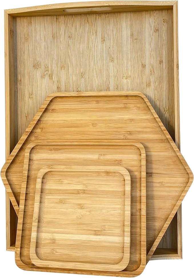 PAFREWOG Bamboo Serving Trays Cutting Boards 16.5"x11.8"（42x30cm with Handle, Set Includes 0.63"(1.6cm) Thick Plates 1xHexagon 12.5"(32cm)+1xSquare 7.8"(20cm)+1xSquare 5.9"(15cm) for Family Dinner