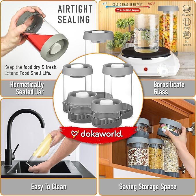 dokaworld Glass Canisters Set - Kitchen Leakproof Seal Food Storage Jars - Coffee Bean Container - Pack of 5 Glass Canisters With Vacuum Airtight Lids for Cereal, Pet Treats, Nuts, Candy