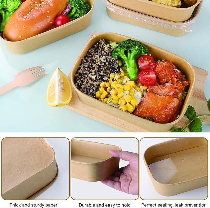Belinlen 50 Sets 17oz Disposable Kraft Paper Bowls with Lids, Rectangle Paper Food Containers with Lids, Salad Bowls for Hot/Cold Food, Soup, Meal Prep, Ice Cream, Takeout, Party Supplies(500ml)