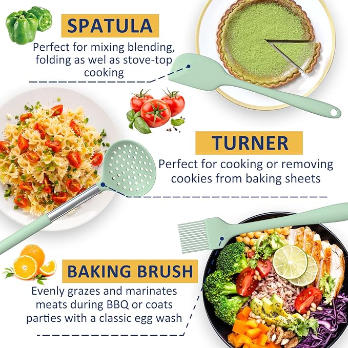Silicone Cooking Utensil Set, Fungun Non-stick Kitchen Utensil 24 Pcs Cooking Utensils Set, Heat Resistant Cookware, Silicone Kitchen Tools Gift with Stainless Steel Handle (Green-24pcs)