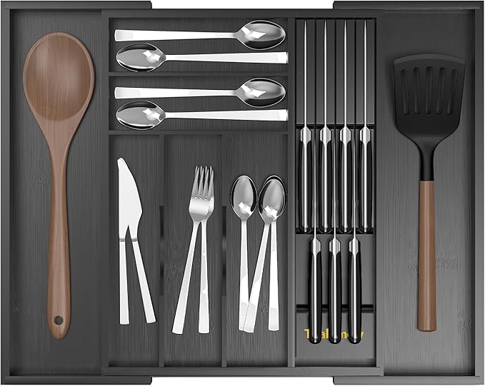Thalomely Bamboo Kitchen Drawer Organizer, Expandable Silverware Organizer with Removable Knife Block, 6-8 Slots- Utensil Holder & Cutlery Tray Drawer Dividers, 2.36" Deep for Extra Capacity, Black