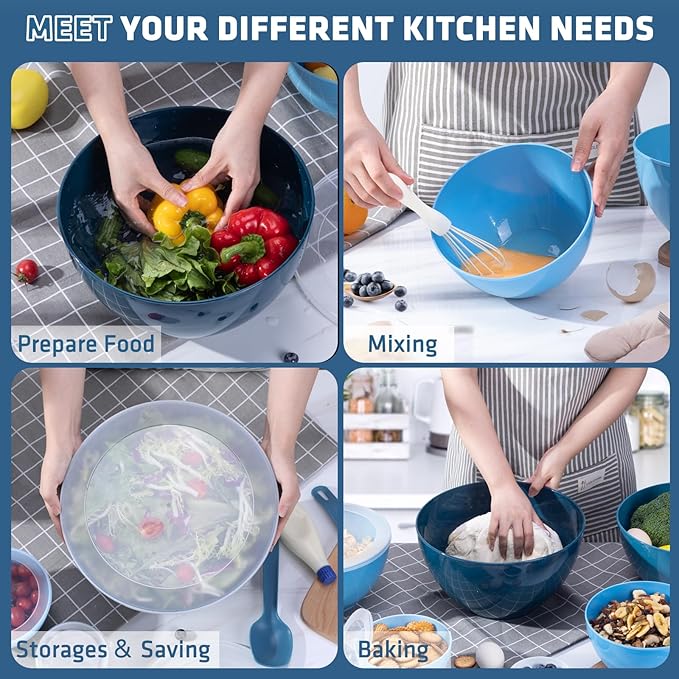 LUXEAR 14 Piece Mixing Bowls with Lids Set, Super Large(6.87-0.21QT) Plastic Nesting Bowls 6 Prep Bowls 6 Lids 2-in-1 Spoon-For Microwave Dishwasher Safe for Preparing Mixing Serving Storing