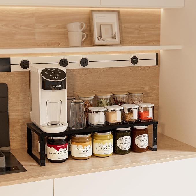 Wobmmi Expandable Spice Rack,Stackable Storage for Cabinet, Multi-Functional Kitchen Shelving,Height-Adjustable,Sustainable Organizer Solution(1Pack/Black/Large)