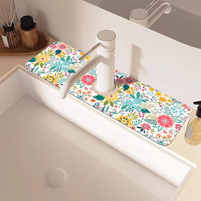 Colorful Floral Leaves Berries Kitchen Sink Splash Guard Mat Absorbent Fast Drying Mat Faucet Draining Mat Sink Splash Guard Behind Faucet Drip Catcher for Kitchen Bathroom 5.5"×15"