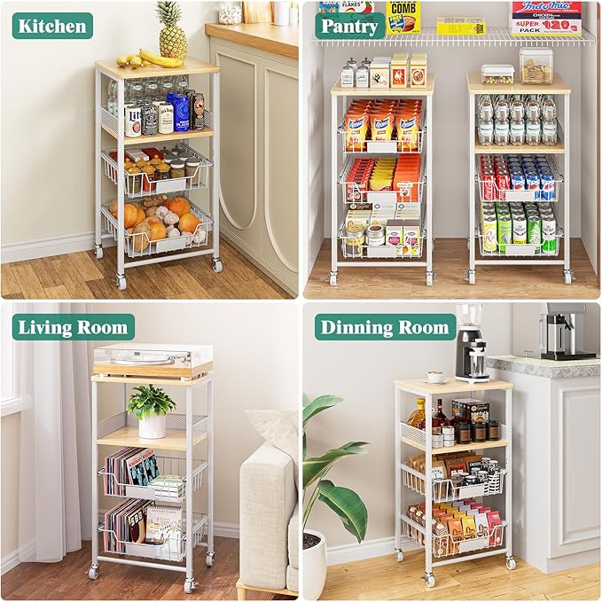 Giwil Vegetable Fruit Basket for Kitchen Pantry Organizers Storage, 4-Tier Utility Rolling Cart on Wheels with Wood Rack and Drawer Wire Baskets for Onions Potatoes Snacks, White
