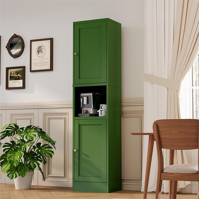 YAUWOH 2-Door Metal Storage Cabinet, Tall Slim Pantry Organizer with 3 Adjustable Shelves (120LBS/Shelf), Anti-Tipping Waterproof Cabinet for Bathroom/Kitchen/Home Office/Small Spaces,(1PC,Green)