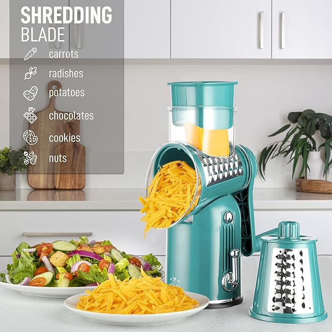 Zulay Kitchen Rotary Cheese Grater 5 Blade Cheese Shredder - Manual Hand Crank Cheese Grater With Reinforced Suction & 5 Interchangeable Drums - Easy to Use, Vegetable Chopper Round Mandoline Slicer