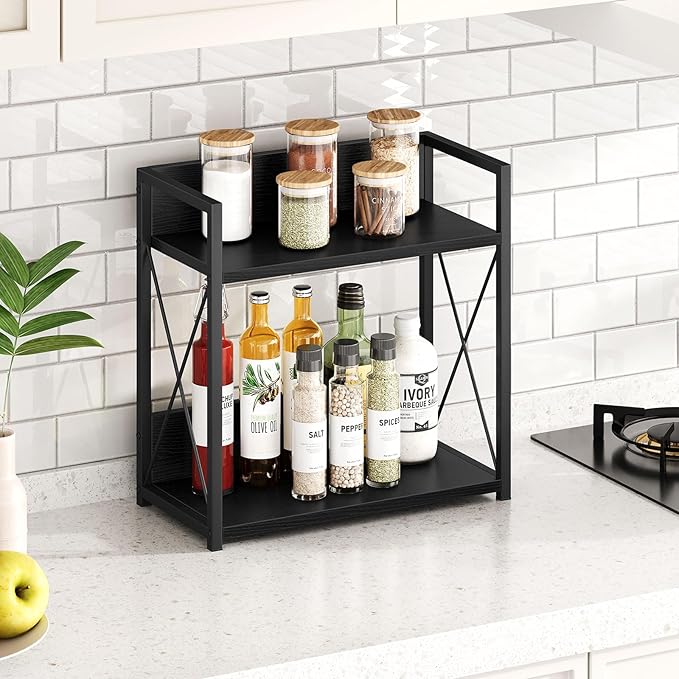 Giikin Kitchen Countertop Organizer, 2 Tier Coffee Bar Organizer, Black Spice Rack for Counter, Kitchen Counter Shelves (Black, L)