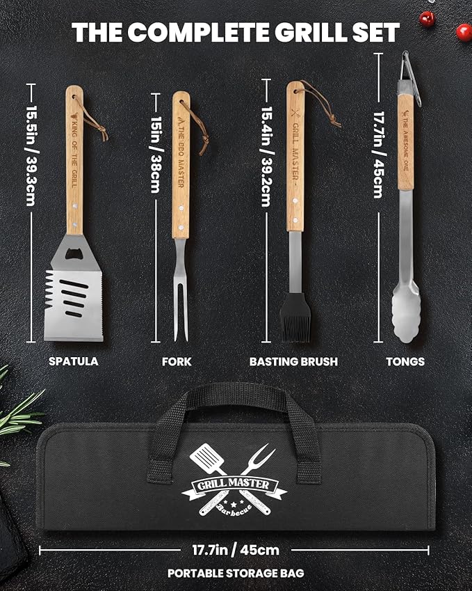 Coralogo 4PCS Grilling Accessories BBQ Tools - Stainless Steel Grill Set with Tongs, Fork, Spatula, Brush, Carrying Bag, Valentines Day & Birthday Gift for Men, Father, Husband