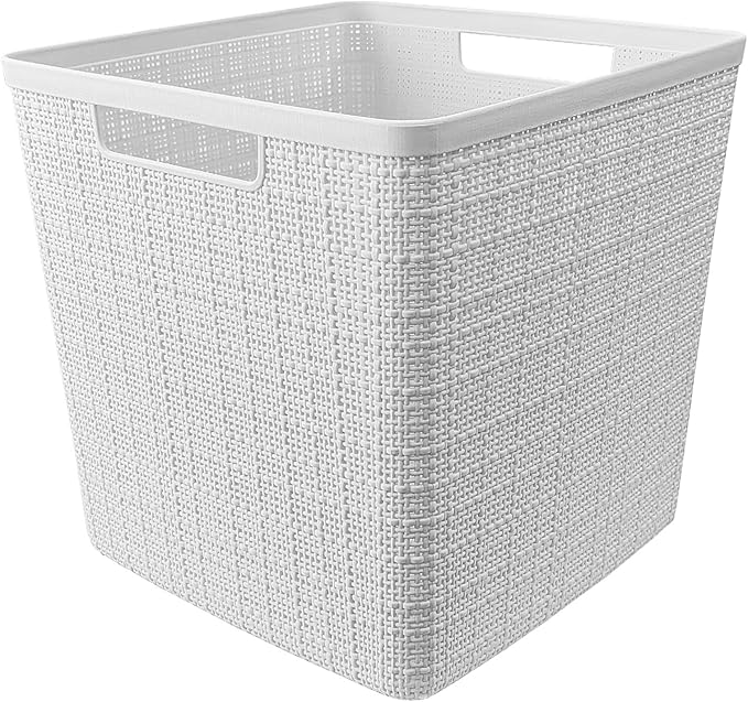 Curver Set of 4 Large Cube 17L Jute Decorative Plastic Organization and Storage Baskets - Perfect Bins for Home Office, Closet Shelves, Kitchen Pantry and All Bedroom Essentials, White