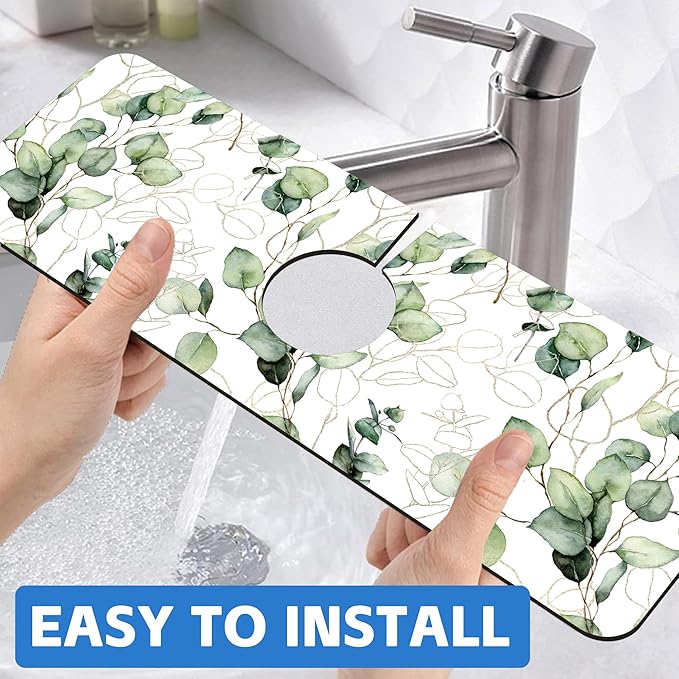 Watercolor Gold Eucalyptus Branch Dish Drying Mat for Kitchen Sink Splash Guard Behind Faucet Sink Mat Absorbent Fast Drying Faucet Draining Mat for Bathroom Kitchen 5.5"×15"