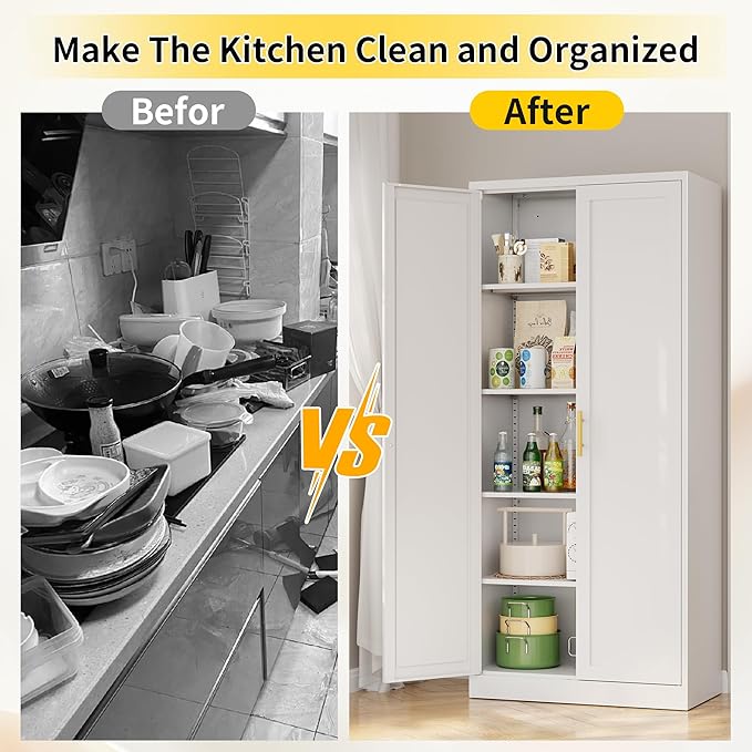 Metal Kitchen Pantry Cabinet, 71"Tall Cabinet with 2 Doors and 4 Adjustable Shelves, Pantry Cabinets for Kitchen Storage, Metal Storage Cabinet for Kitchen, Dining Room, Living Room and Bathroom-White