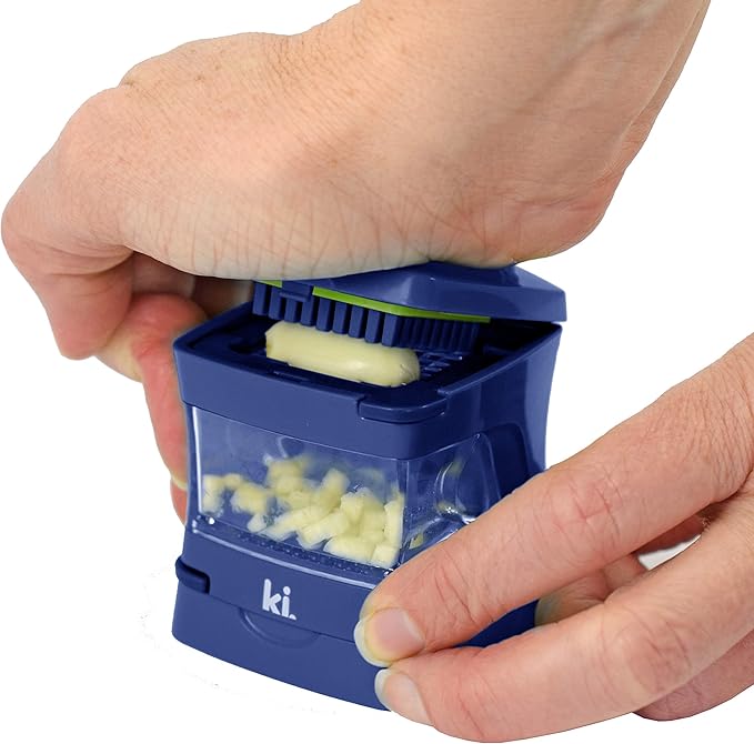Kitchen Innovations Garlic-A-Peel Garlic Press, Crusher, Cutter, Mincer, and Storage Container - Includes Silicone Garlic Peeler - Easy to Clean - Stainless Steel Blades – (Blue), standard