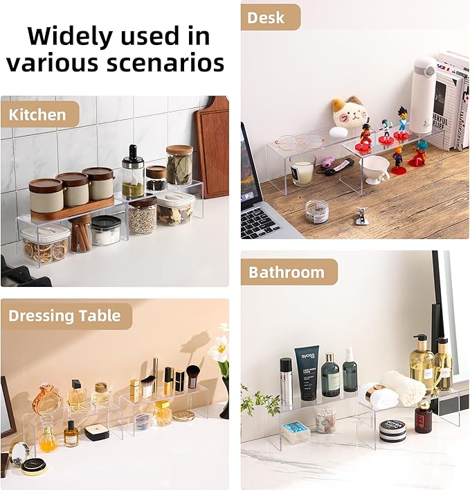 4 Packs Cabinet Organizer Shelf, Acrylic Kitchen Counter Shelves Organizer, Spice Rack for Dishes, Spices, Soda Cans and Bottles（12.4 x 4 x 4.6 inch）
