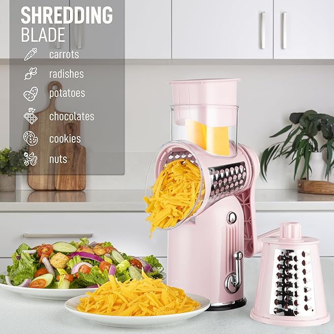 Zulay Kitchen Rotary Cheese Grater 5 Blade Cheese Shredder - Manual Hand Crank Cheese Grater With Reinforced Suction & 5 Interchangeable Drums - Easy to Use, Vegetable Chopper Round Mandoline Slicer