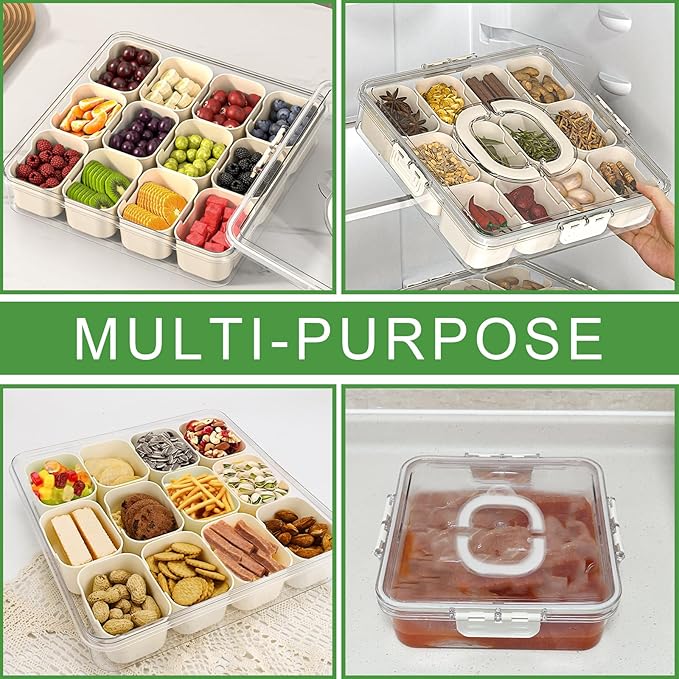 shopwithgreen Divided Serving Tray with Lid and Handle, Portable Snack Box, 12 Compartments Veggie Fruit Tray, Charcuterie Platter Snackle Box Container for Party, Snacks, Picnic, LARGER SIZE