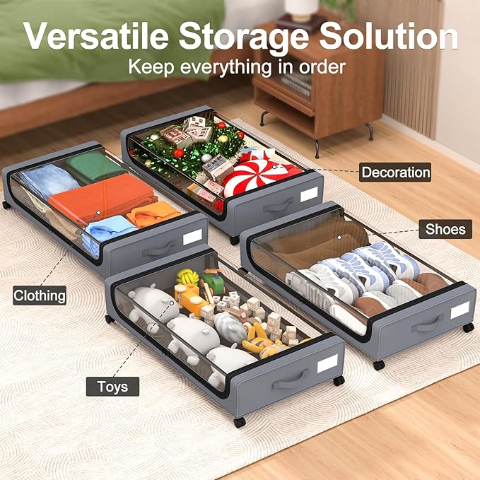 GoMaihe Under Bed Storage with Wheels: XXL Underbed Storage Containers with Lids - Rolling Bins for Shoes Clothes in Dorm Bedroom - Metal Drawers Easy Pull-out Grey 2-Pack