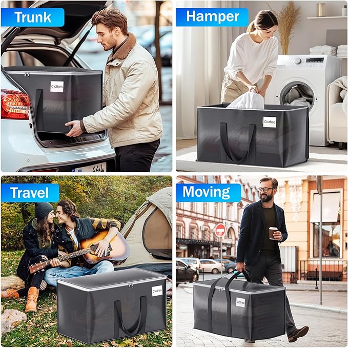 2 Pack Moving Bags Heavy Duty, Moving Boxes, Storage Bags with Zipper & Handles & Tag for College & Dorm Moving Supplies Grey Laundry Hamper Bag, Foldable Space-saving Totes (76L, Grey)