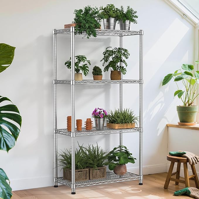 4- Shelf Metal Wire Shelving Unit Commercial Garage Storage Shelves Metal Shelf Adjustable Storage Rack Heavy Duty 2200 LBS rganizer for Pantry Laundry Bathroom Kitchen Closet Utility Room warehouse