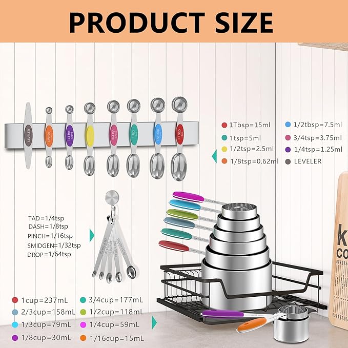 Minteem Measuring Cups and Magnetic Measuring Spoons Set, 8 Stainless Steel Measuring Cups with Easy to Read Markings, 7 Double Sided Stackable Measuring Spoons & 1 Leveler, 5 Mini Spoons, Multicolor