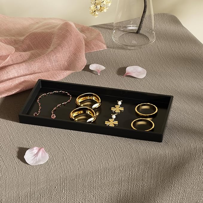 Mriluvy Vanity and Bathroom Tray, 9.8" ABS Countertop Organizer,Waterproof Vanity Tray for Toilet Tank,Perfume,Soap,Keys,Bathroom Accessories,Kitchen and Bath Trays,Non Slip Small Trays,Black,2 Pack
