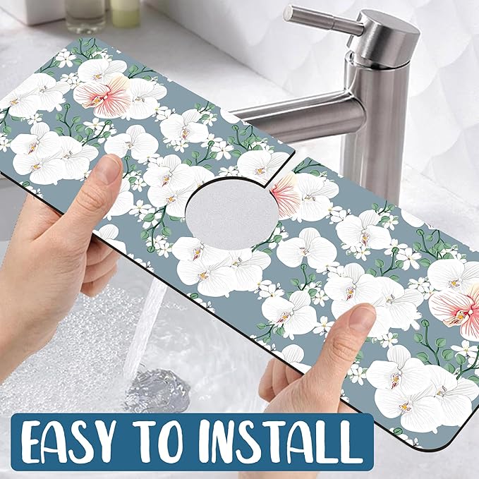 Colorful Wildflowers Kitchen Sink Splash Guard Faucet Mat White Orchid Super Absorbent Fast Drying Mat Sink Splash Guard Behind Faucet for Kitchen Bathroom, 15.5"x5.5"