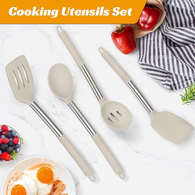 YASUEBI Kitchen Utensils Set Silicone Kitchen Utensils Set for Nonstick Cookware Perfect for Baking and Mixing,Spatula Set BPA Free Dishwasher Safe Khaki 4 Pack