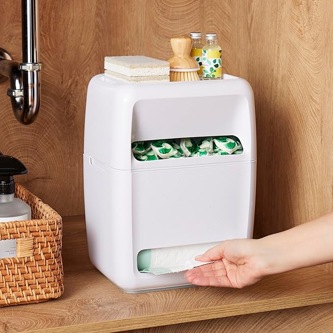 YouCopia SinkSuite Bag & Pod Dispenser, Standing Garbage Bag and Dishwasher Pod Organizer with Removable Lids for Storage, Speckled White