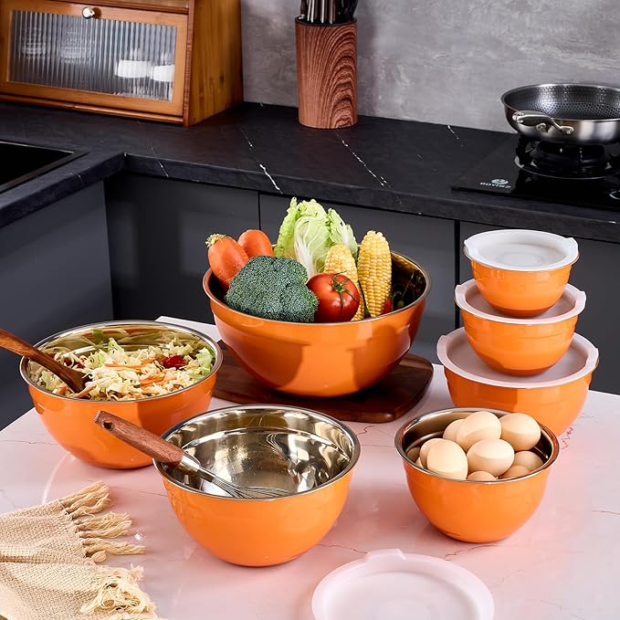 Onlycooker Orange Mixing Bowls With Airtight Lids,Stainless Steel Bowl,Salad Bowls 7 Piece Colorful Nesting Bowl Orange Kitchen Accessories,Size 7,3.6,2.7,2.1,1.5,1.1,0.8QT Stackable Design