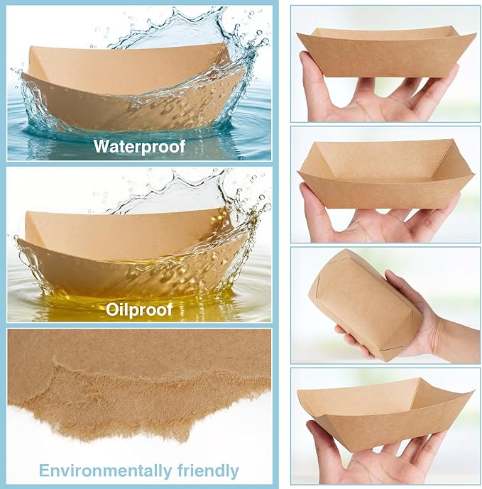 FGCHEEF 2lb Paper Food Trays, 100 Pack Disposable Paper Food Boat Serving Boats for French Fries Nachos Snack Hot Dog Taco BBQ Popcorn Bachelor Party Picnic