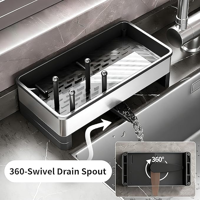 Sponge Holder for Kitchen Sink, Stainless Steel Sink Caddy with Brush Holder, Dishcloth Rack and Holds Soap Dispenser, Auto-Drain Rustproof Countertop Organizer (White)