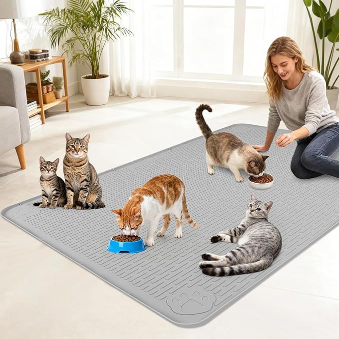 Lanstics Cat Food Mat, 50" x35" Large Silicone Mat Cat Feeding Mat with Raised Edge Non-Slip Pet Feeding Mat for Food and Water Bowl, Easy to Clean, Floor Protection (Gray)