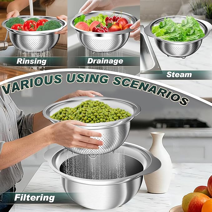 Stainless Steel Colanders with Mixing Bowl - 2.0QT & 2.0QT Strainer and Colander with Handle, 3.0QT Nesting Kitchen Bowl with Colander For Pasta, Vegetables, Fruit, Rice