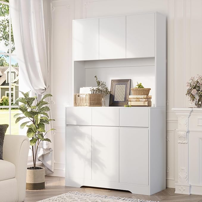 71" Pantry Cabinet with Charging Station and LED Lights, Tall Kitchen Pantry Storage Cabinet with Microwave Stand, Modern Hutch with Storage Drawers for Dining Room, Living Room (Milk White)