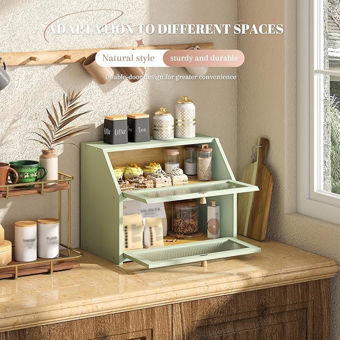 STDDRE Bread Box for Kitchen Countertop Bin Double Layer Bread Box Storage Container Extra Large Capacity Farmhouse with Diamond Pattern Windows (Green, Large)