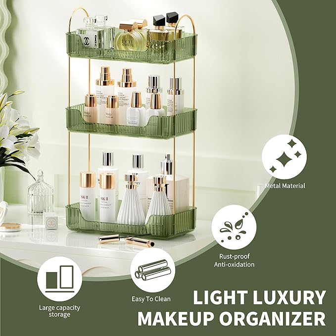 akinbas 3 Tier Bathroom Organizer Countertop Makeup Perfume Tray Skincare Organizer for Bathroom Dresser Vanity (Green)