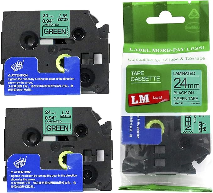 2/Pack LM Tapes - LMe751 Premium 1" Black Print on Green Label Compatible with Brother TZe-751 P-Touch and Includes Tape Color/Size Guide. Replaces TZe751 24mm 0.94 Laminated
