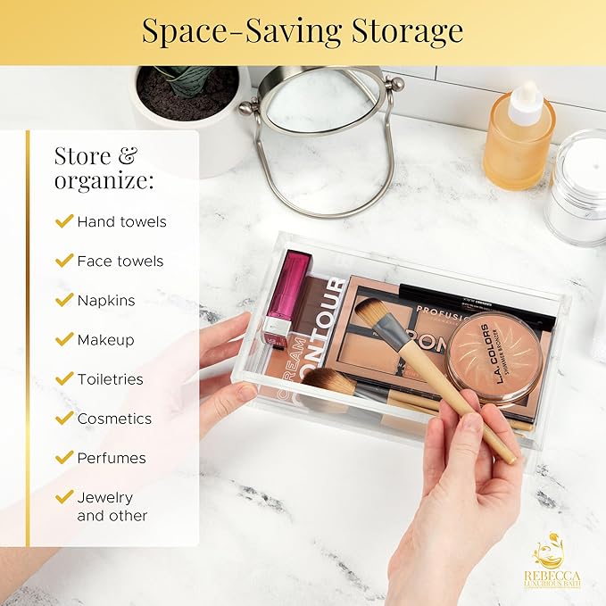 REBECCA LUXURIOUS Acrylic Guest Towel Napkin Holder, Hand Towel Tray, Bar Napkin Holder, Bathroom- Closet Organizer, Clear Vanity Storage for Shelf, Counter, Store Makeup, Cosmetics, Toiletries, 9"x5"