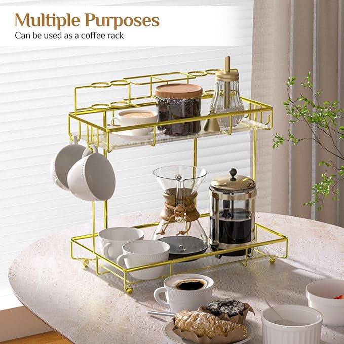 Megier 2 Tier Golden Bathroom Organizer Countertop, Small Countertop Organizer for Bathroom Decor, Kitchen Counter Shelf for Spice Rack and Snack, Vanity Makeup Organizers and Storage Tray for Bedroom